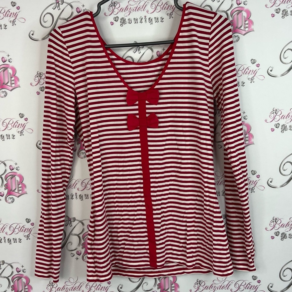 Chic by Jacob long sleeve silver sparkly red White Striped ribbon bow Top